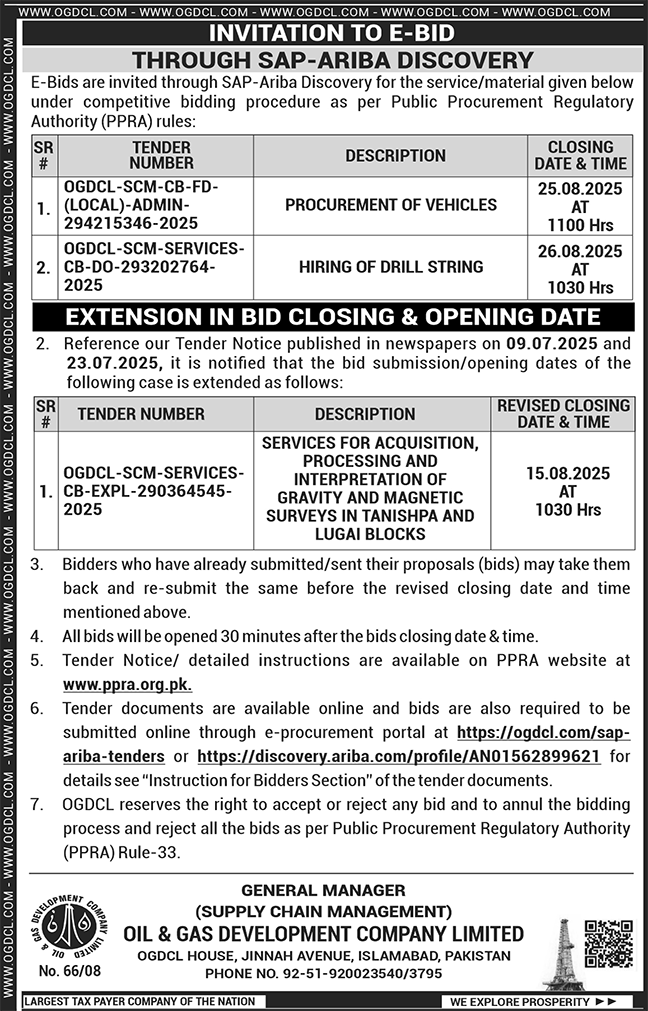 Oil & Gas Development Company Islamabad Tender Notice